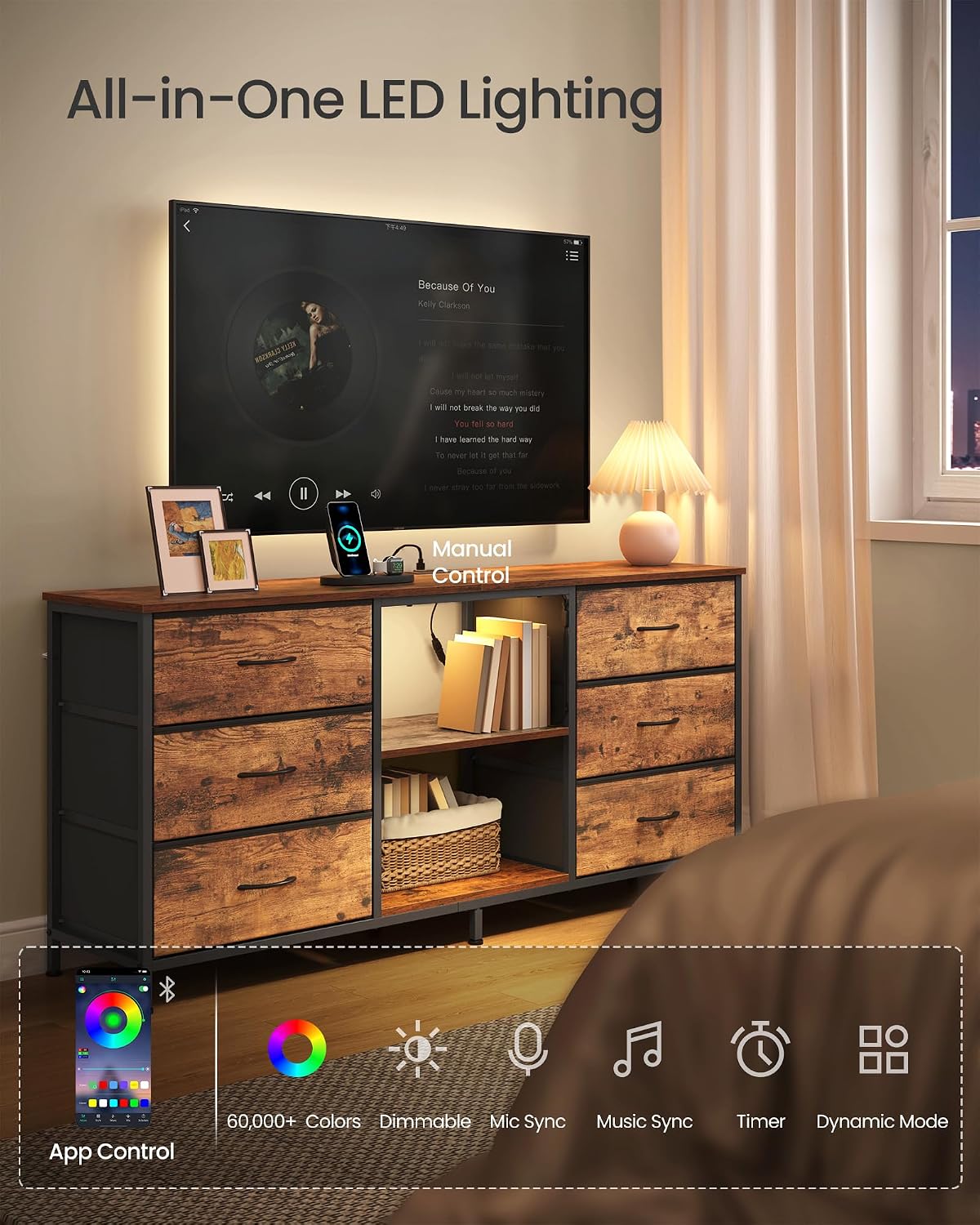 Detalle de SONGMICS ULGS132K101 TV Stand, Rustic Brown, 6 Drawers and 2 Shelves
