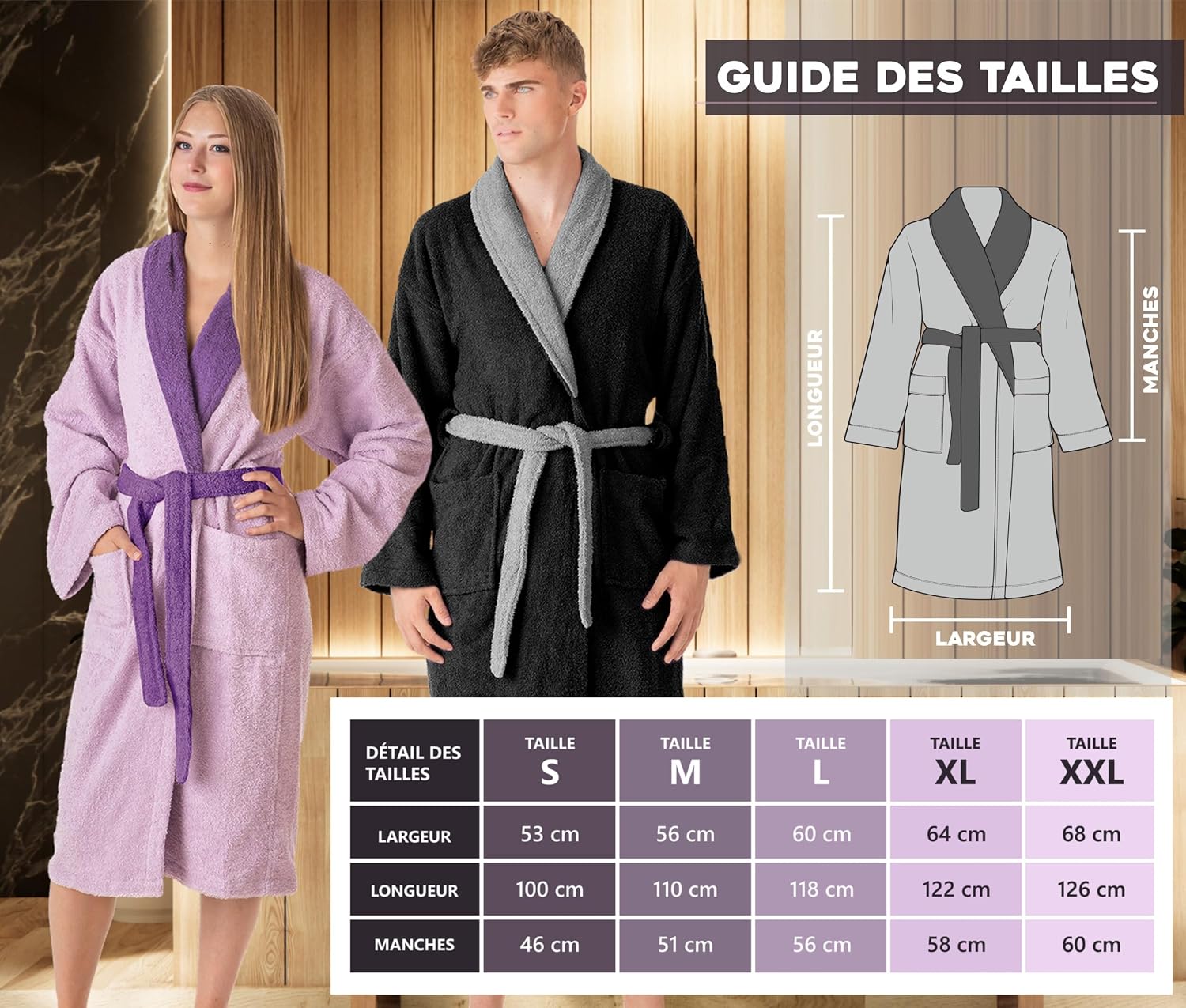 Detalle 2 de LEBENGOOD badjas van 100% katoen, Amerikaanse badstof, 450 g/m²