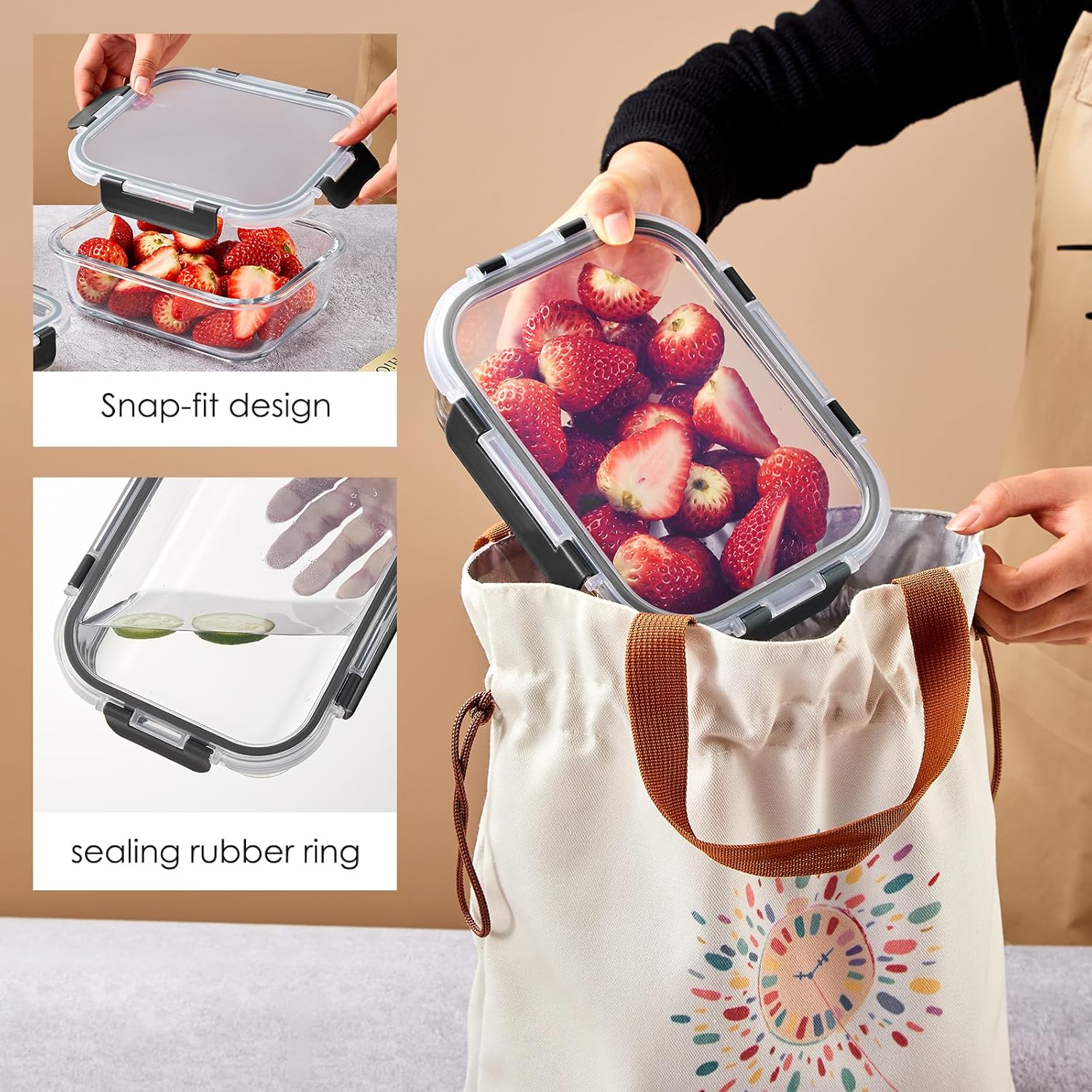 Detalle 2 de Liuruiyu 10 Pack Glass Food Storage Containers with Lids — Airtight, Oven/Microwave/Freezer/Dishwasher Safe