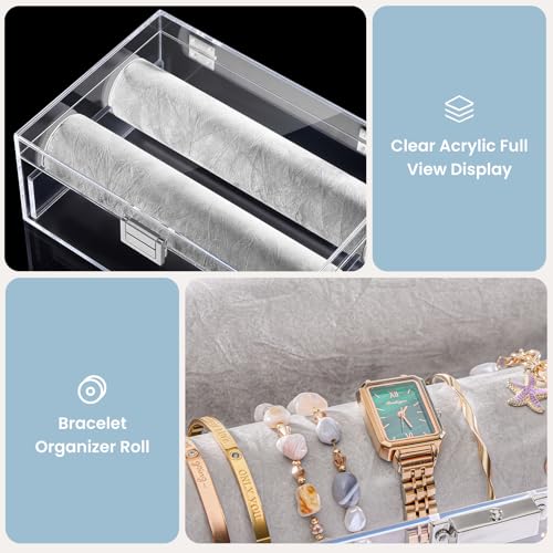 Detalle 2 de Lolalet Acrylic Bracelet Organiser Box, Clear Display Case with Velvet Rolls, No Drawer