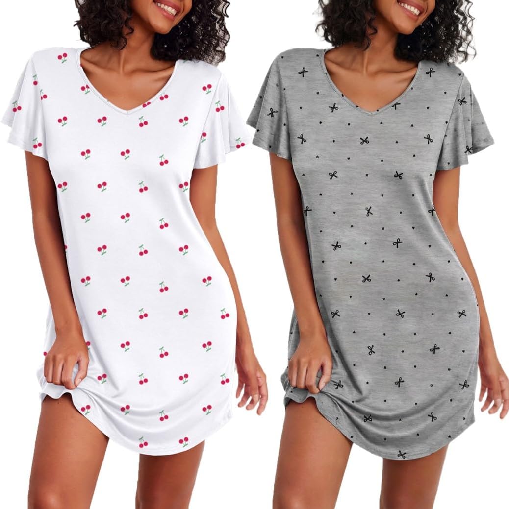Detalle de Ekouaer 2 Pack Women’s Nightgowns – Heart V-Neck Short Sleeve Flare Sleepshirt (S–XXL)