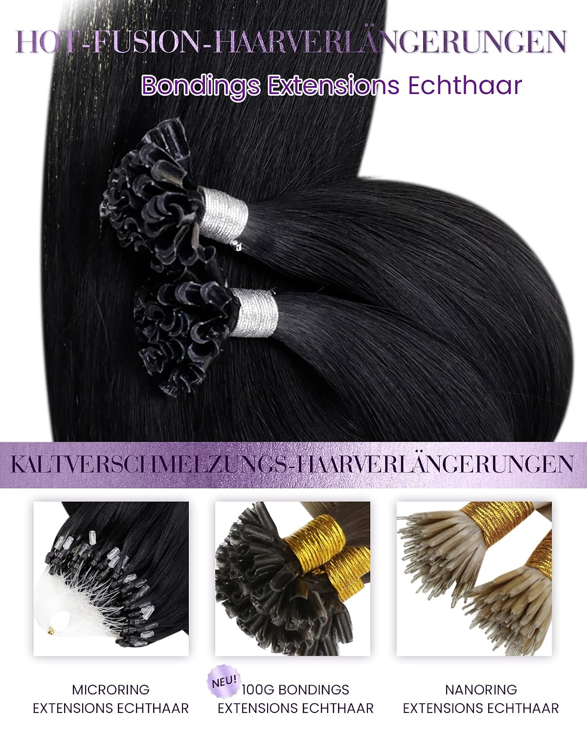 Detalle de Laavoo Bondings Extensions Echthaar 60 cm Schwarz – Keratin Bondings Glattes Echthaar Remy 50 g