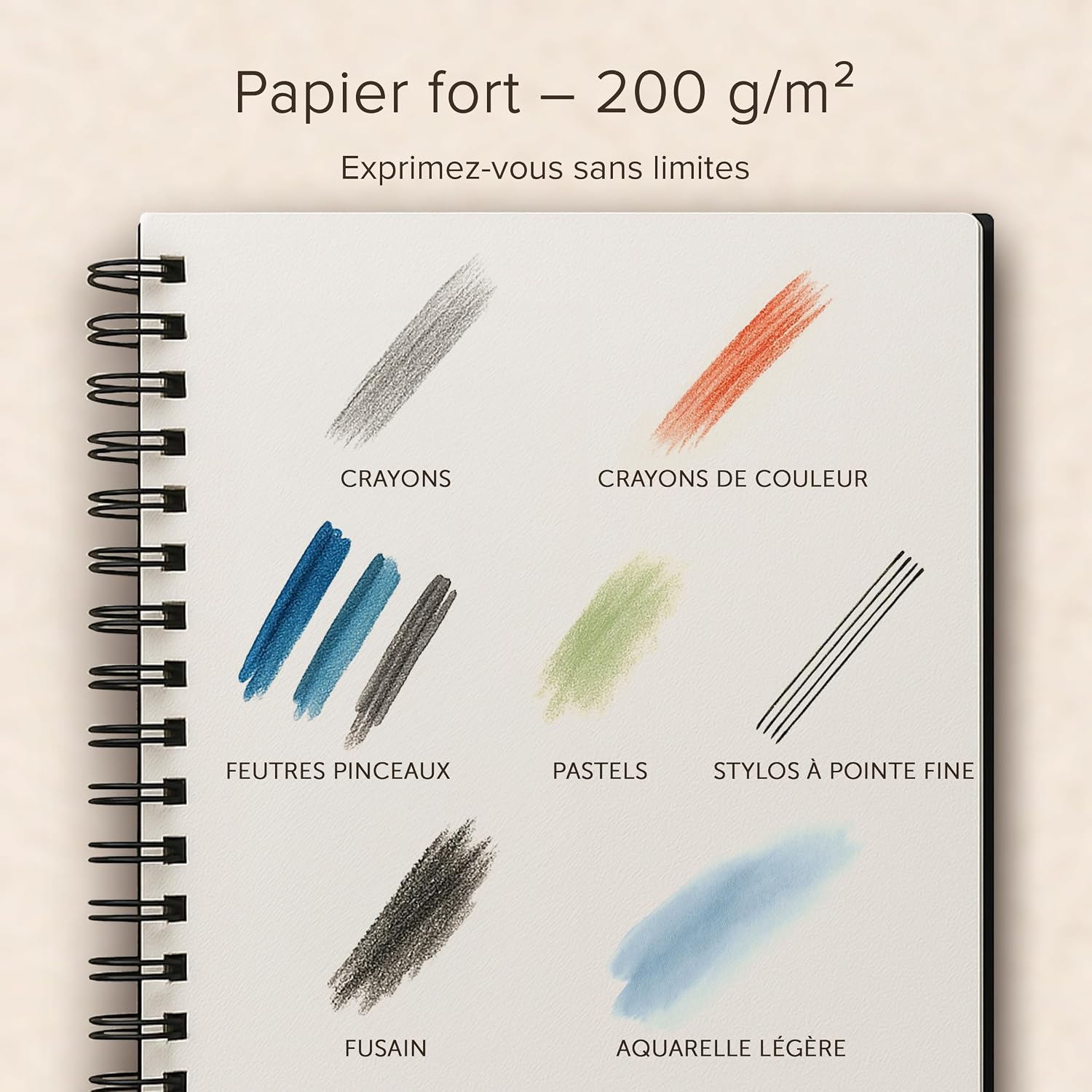 Detalle de Carnet à Dessin Relié A3 – Papier très épais 200 GSM, spirale 29 x 42 cm, 40 feuilles / 80 pages