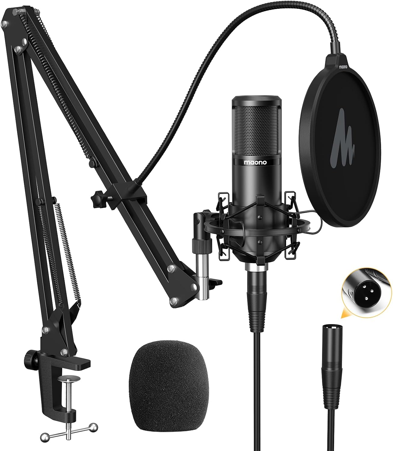 Detalle de MAONO AU-PM320S XLR Condenser Microphone with Cardioid Pickup, Boom Arm and Pop Filter