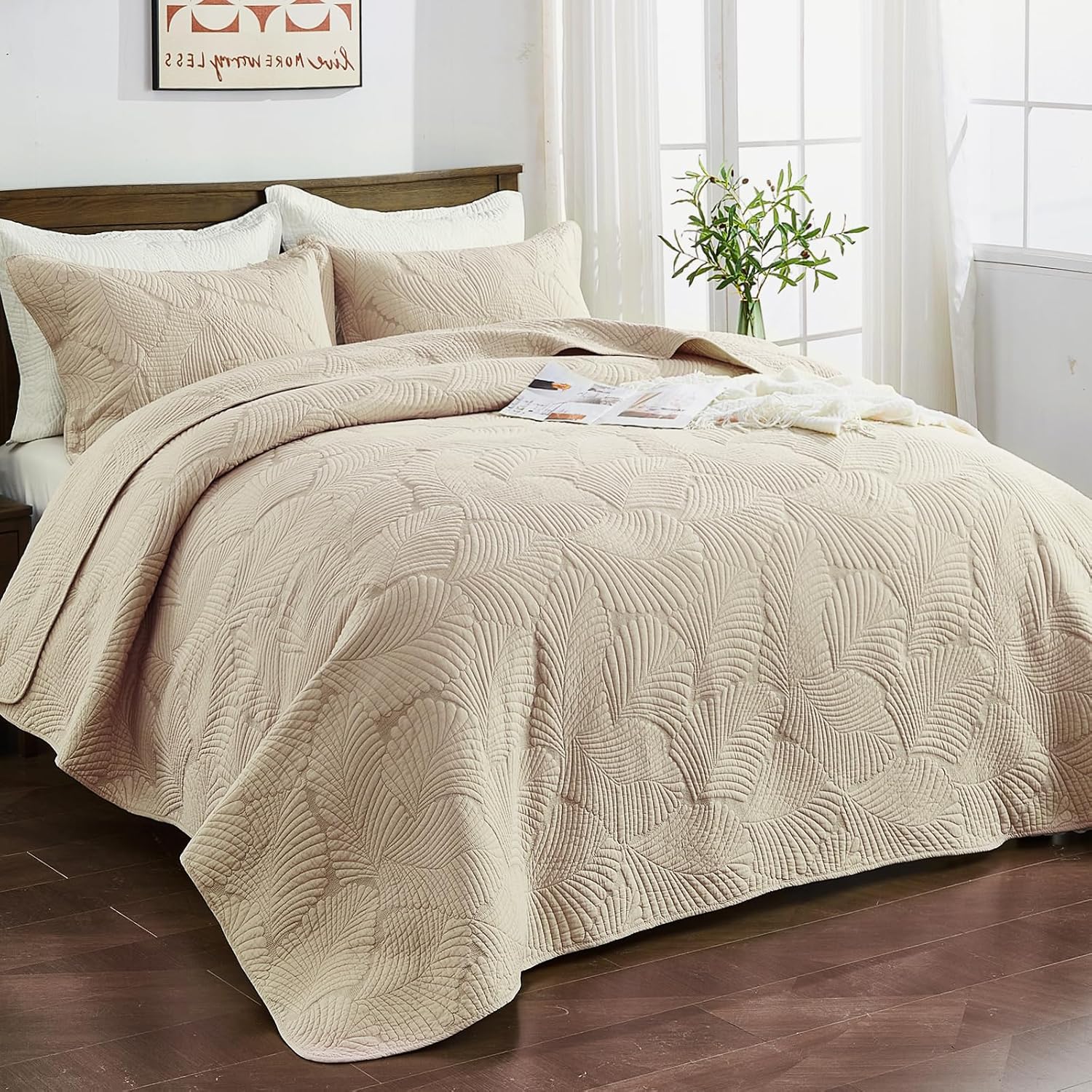 Thumbnail 2 de Qucover Couvre Lit Coton 2 Personnes 220x240 – Beige, Motif Floral, 3 Pièces