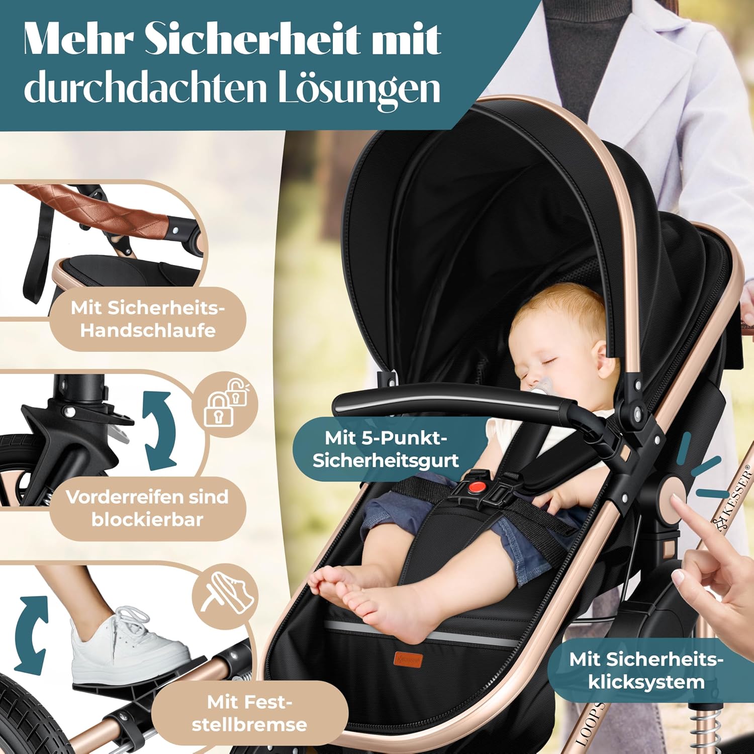 Thumbnail 3 de KESSER® Loops 4-in-1 Kombikinderwagen Komplett-Set (inkl. Babywanne, Sportsitz, Babyschale, Wickeltasche, Regenschutz) – Schwarz/Champagne