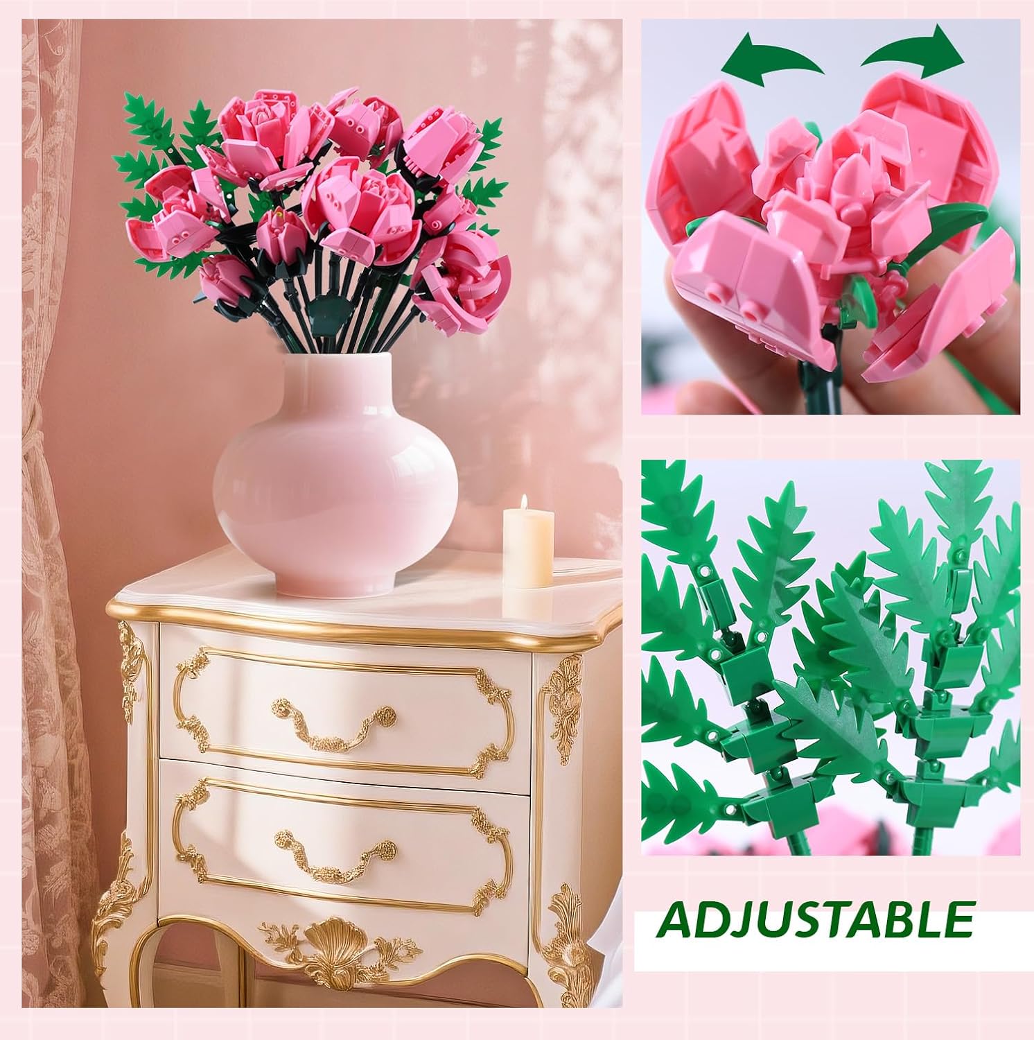 Detalle 2 de SIENON Pink Rose Flower Building Set – 10 Roses + 2 Leaves (Botanical Collection)