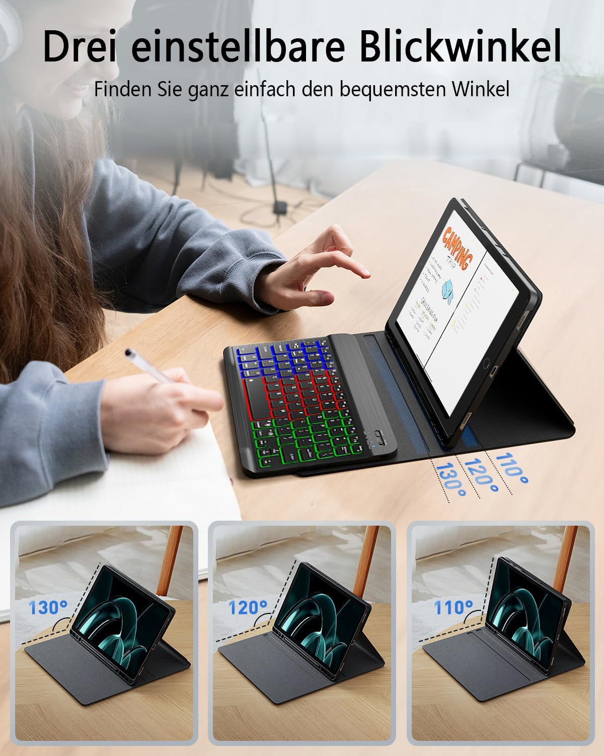 Detalle de Kabellose beleuchtete Tastaturhülle mit Maus für iPad 9/8/7 (10,2 Zoll) – kompatibel mit iPad Pro 10,5 und iPad Air 3