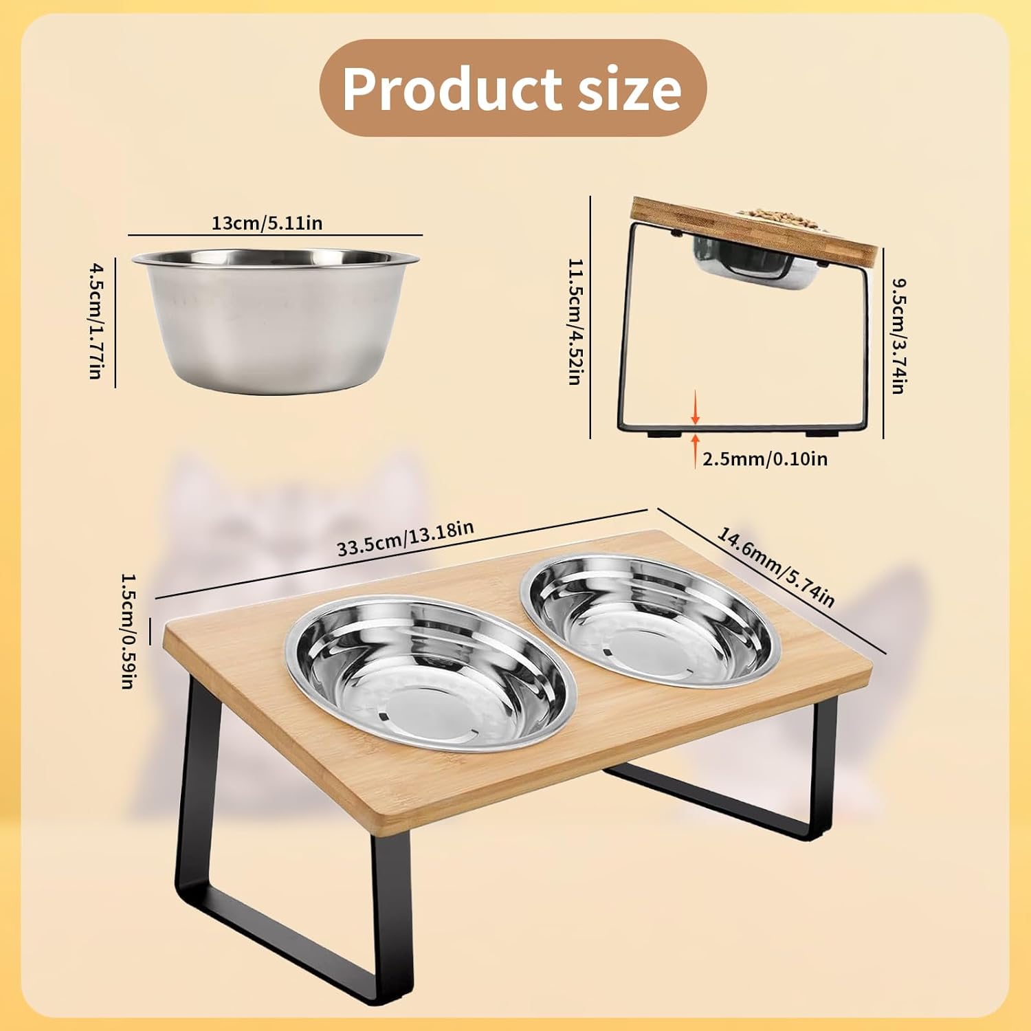 Detalle de Elevated Cat Food Bowls 15° Tilted Stainless Steel Raised Feeding Bowls with Wooden Stand