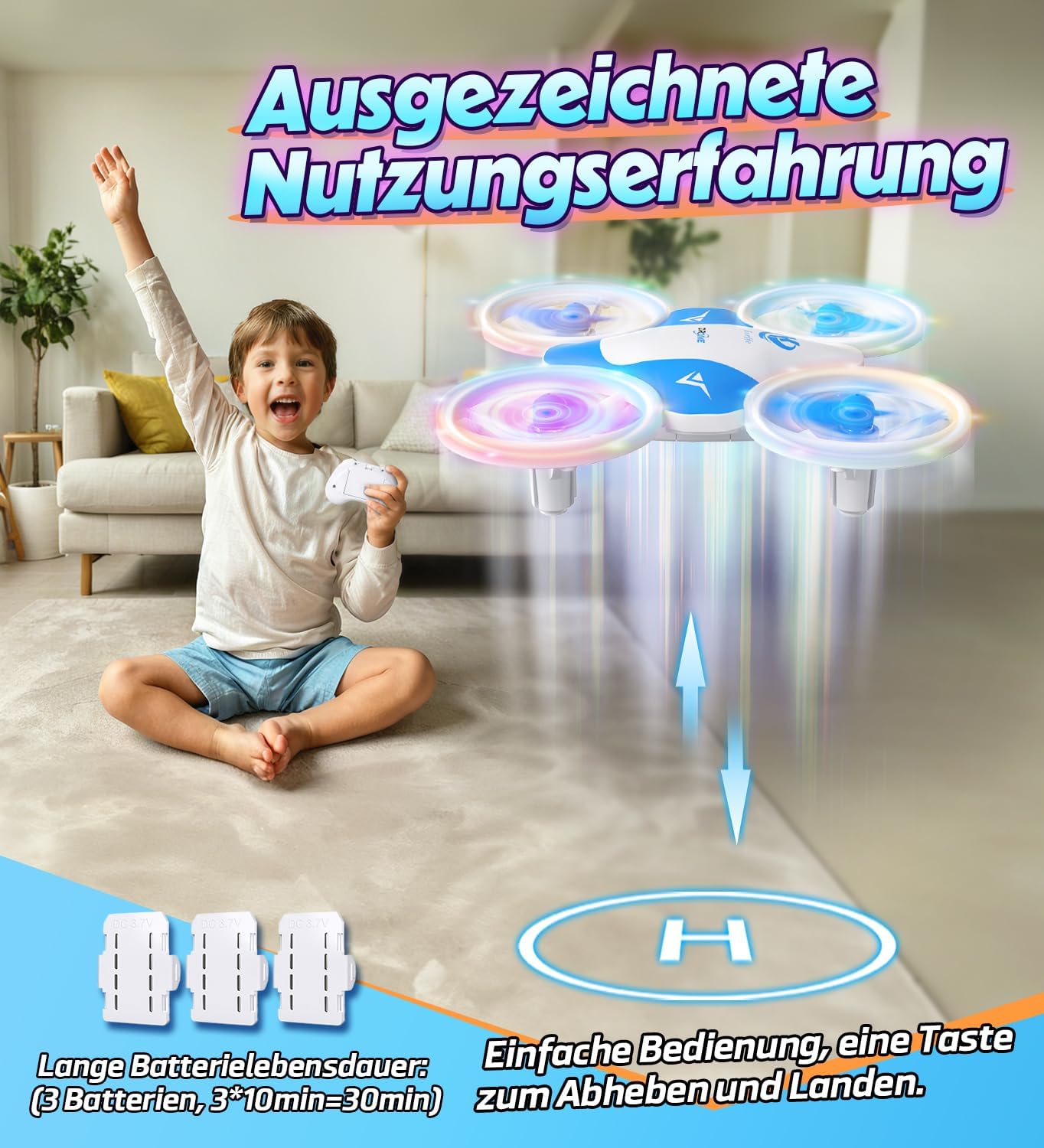 Detalle de Korffe Mini-Drohne für Kinder (ab 6, 7, 8, 9, 10+ Jahren) – RC-Spielzeug mit LED-Lichtern, 360°-Flip und 30-min Laufzeit