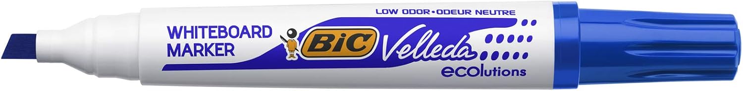 Detalle de BIC Velleda 1751 ECOlutions: Feutres pour Tableau Blanc à Pointe Moyenne – Bleu, Boîte de 12