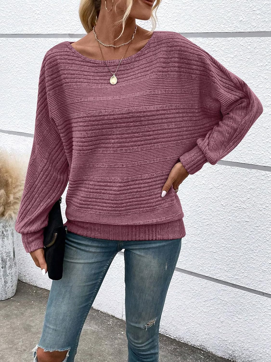 Detalle 2 de RICHSTORY Women's Tunic Sweater, Crew Neck Batwing Sleeves, Lightweight Knit