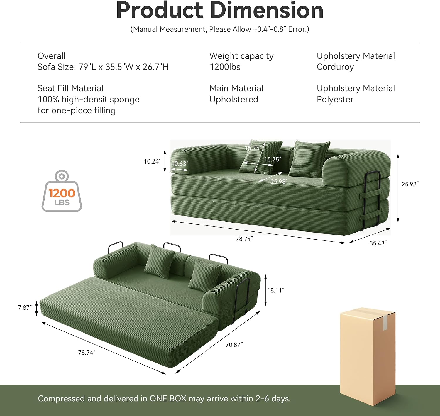 Detalle 2 de QQR 1 79-Inch Convertible Sofa Bed, Dark Green Corduroy Modular Couch