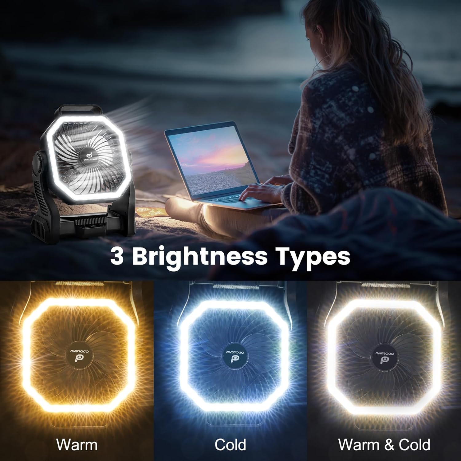 Detalle de Odoland Portable Rechargeable Fan with LED Lantern (20000mAh) – 4 Speeds, 270° Oscillation