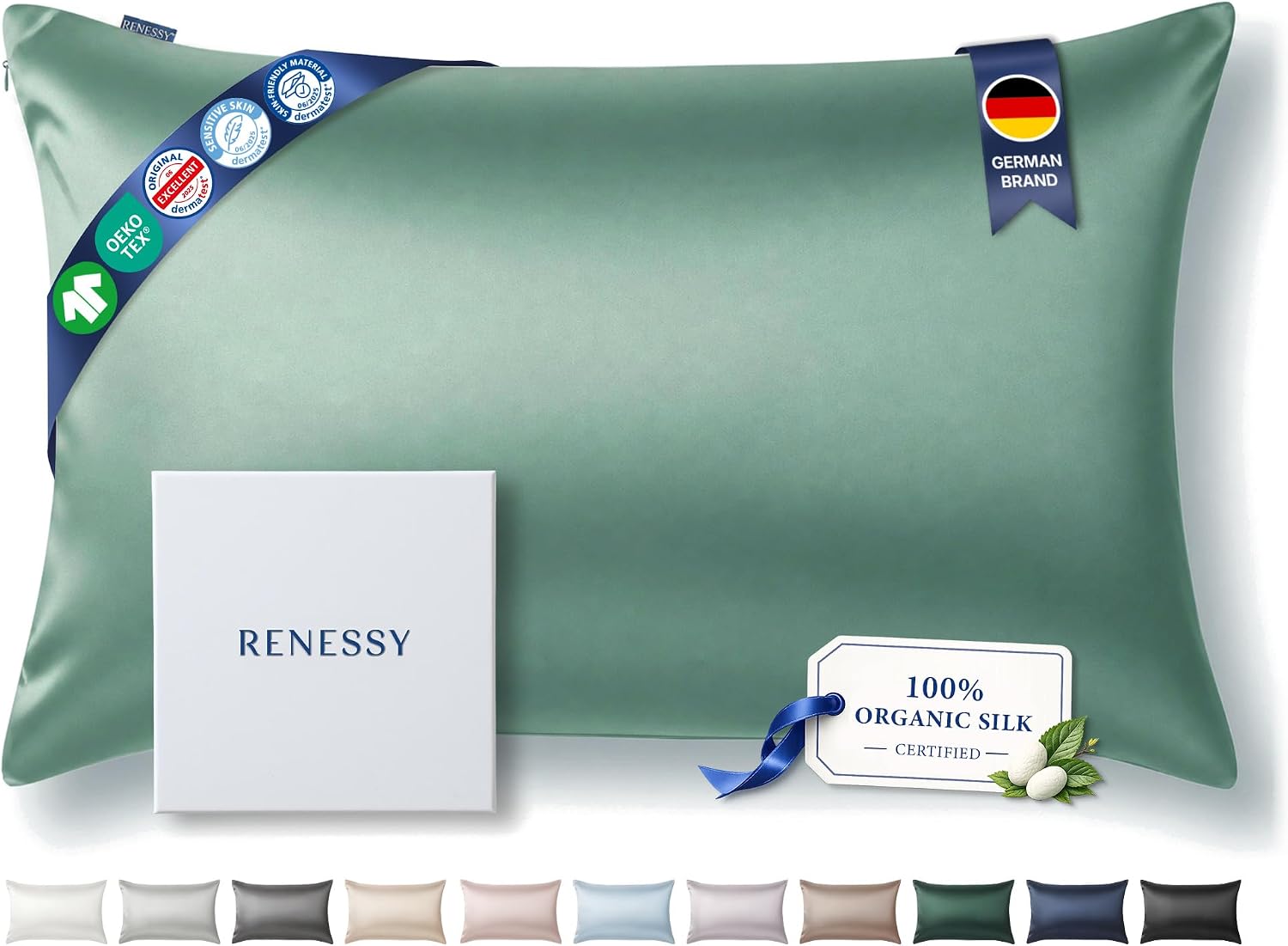 Detalle de RENESSY® Silk Pillowcase Queen, 22 Momme Organic Mulberry Silk, Sage Green