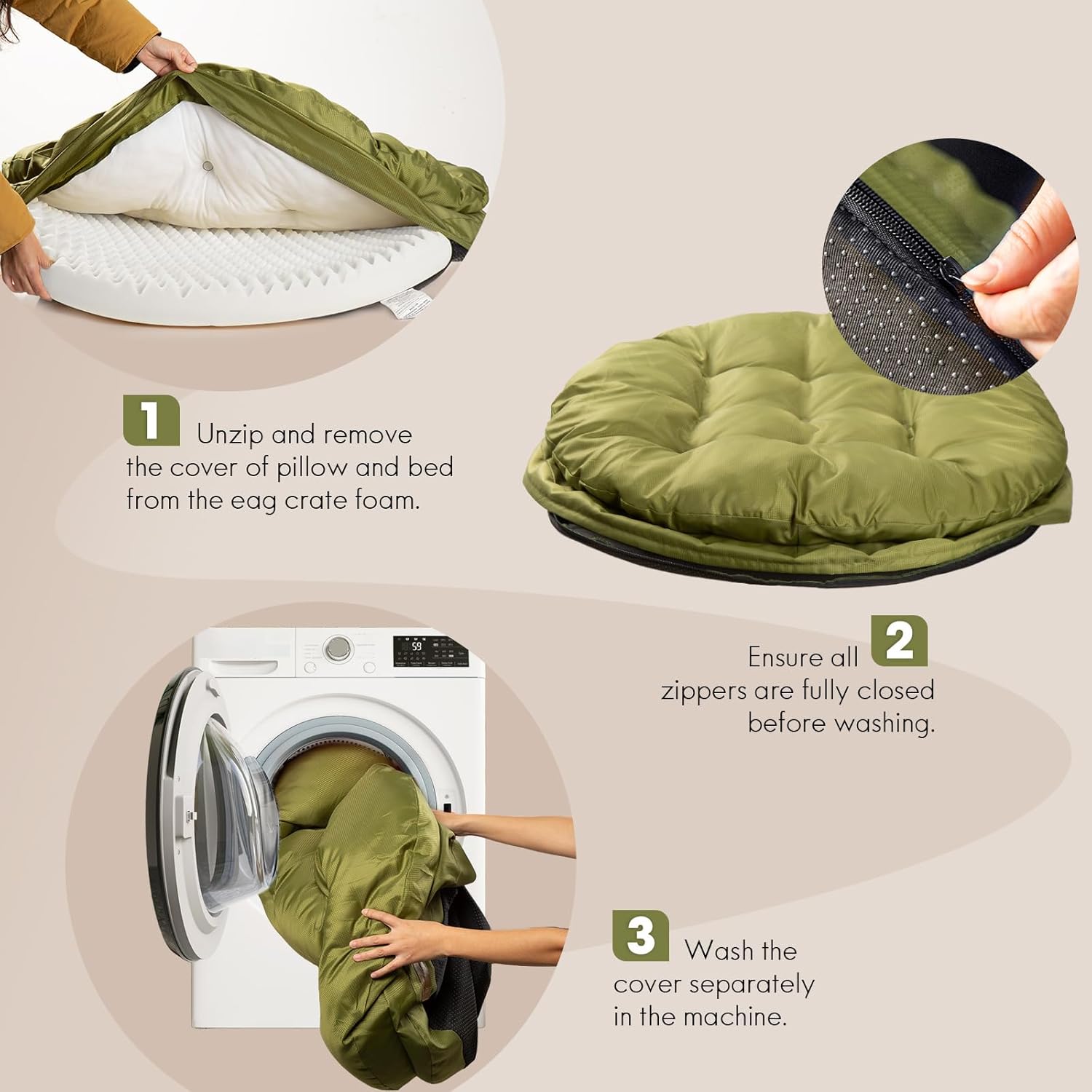 Thumbnail 6 de ClevaHome Cuccia Ortopedica per Cani — Letto Rotondo a Doppio Strato, Tessuto Idrorepellente, Fondo Antiscivolo e Copertura Lavabile (Verde Oliva, L)