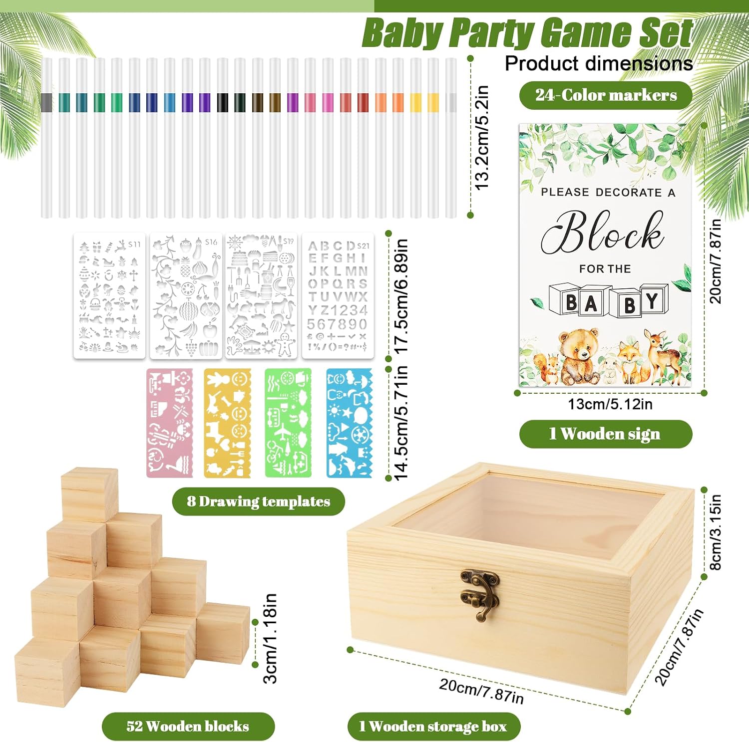 Thumbnail 1 de Babyshower-speelset met 52 houten blokjes, 24 acrylstiften en sjablonen