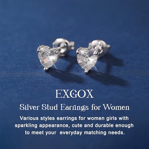 Detalle de EXGOX Sterling Silver Stud Earrings – 5 Pairs of Hypoallergenic 925 Silver Hearts, Balls and Cubic Zirconia