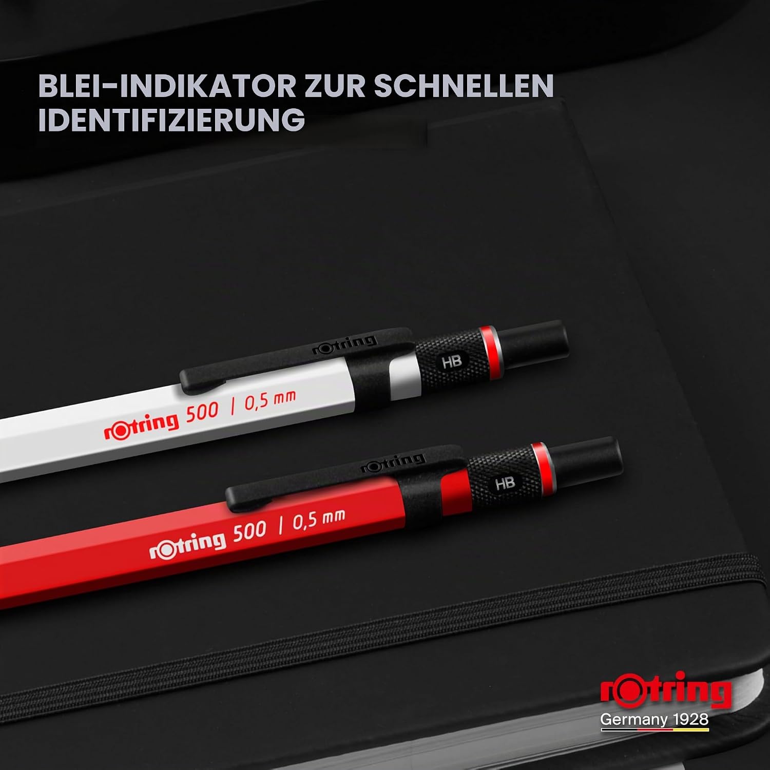 Detalle de rOtring 500 Druckbleistift mit 0,5 mm Mine – blauer Schaft für präzises Zeichnen