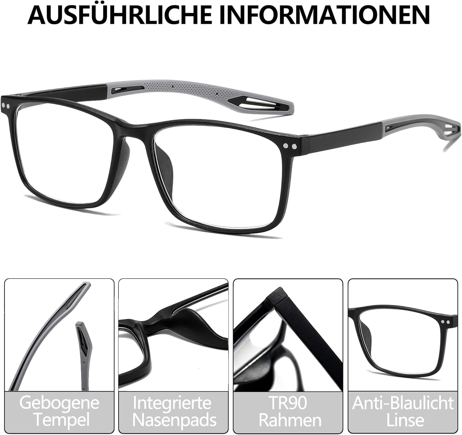 Thumbnail 1 de Fsread 3er-Set Lesebrillen für Herren – sportlicher Blaulichtblocker, quadratische leichte Rahmen