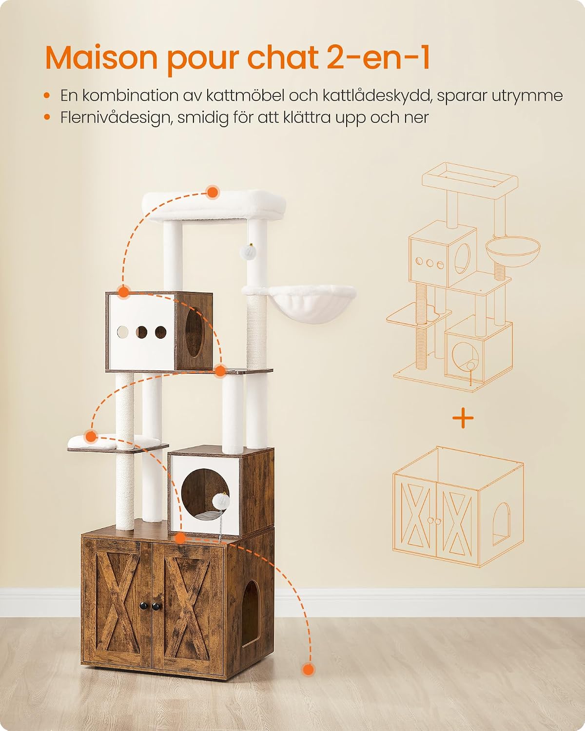 Detalle de FEANDREA PCT116X01 klösträd med kattlådeskåp, sisal och avtagbar kudde