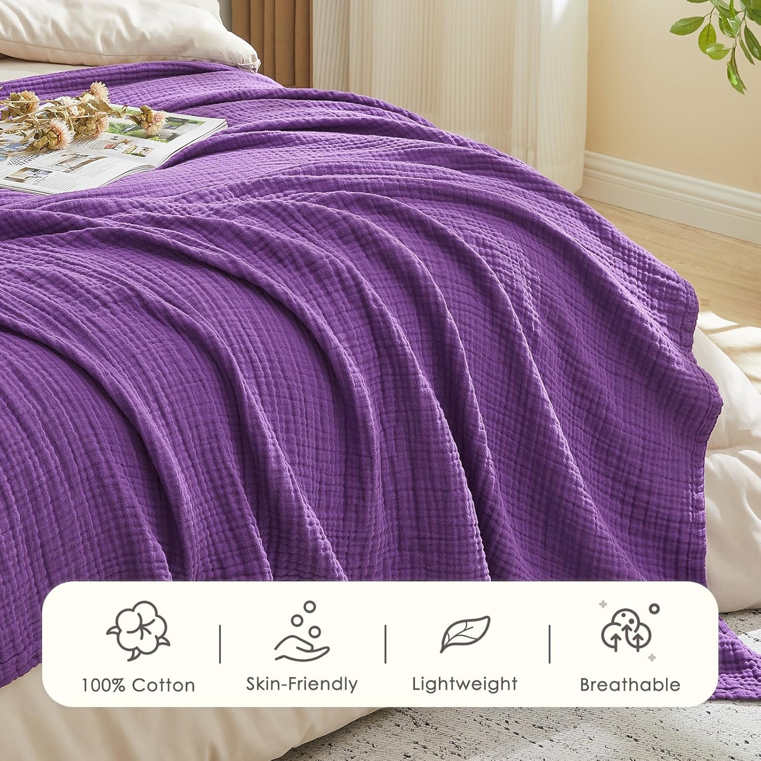 Thumbnail 2 de EMME Cotton blanket Muslin Cotton Queen Blanket, Purple, 90" x 90