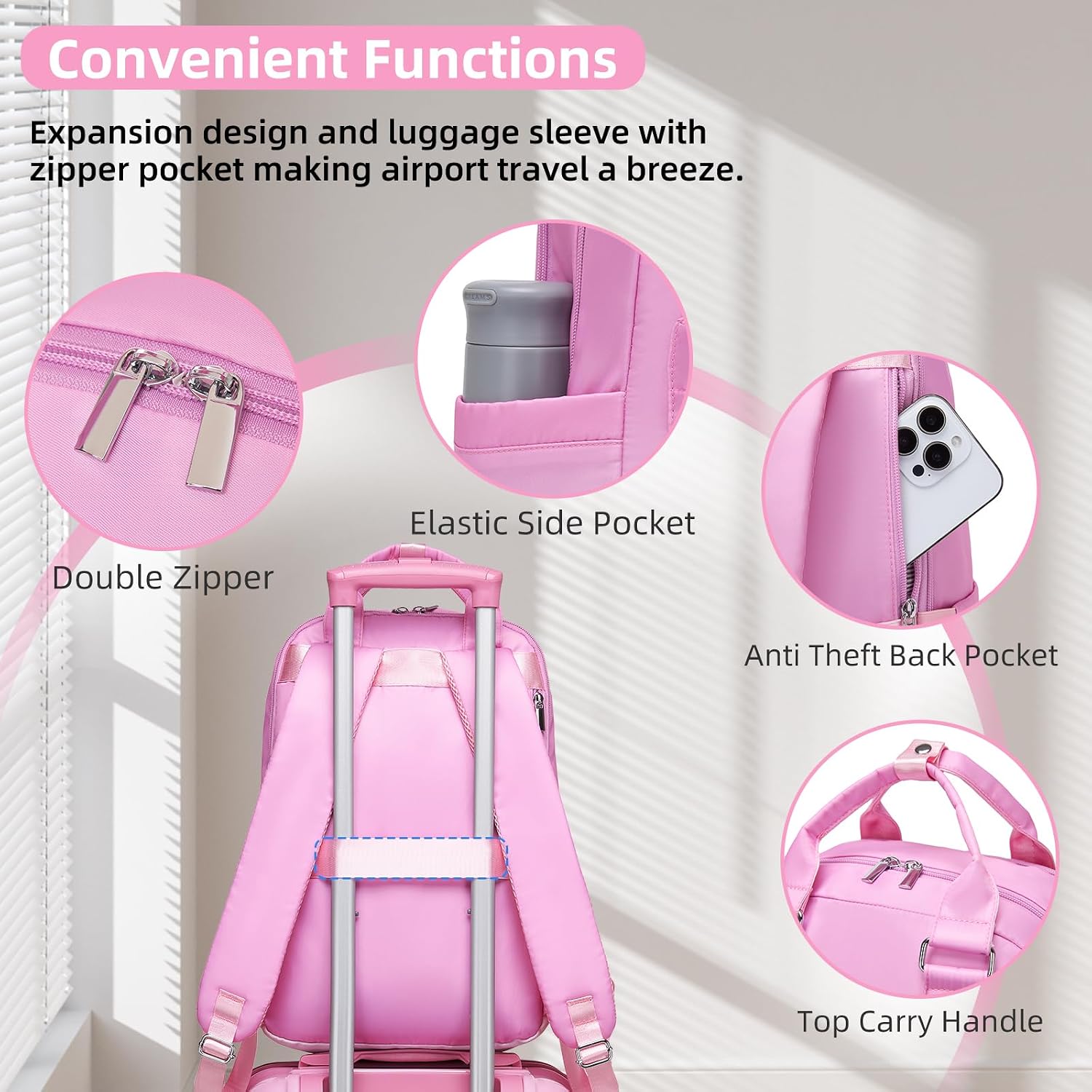 Thumbnail 5 de LARVENDER Carry-On Luggage 22x14x9 with Wheels, TSA Lock — 3-Piece Set (Peach Sparkling)