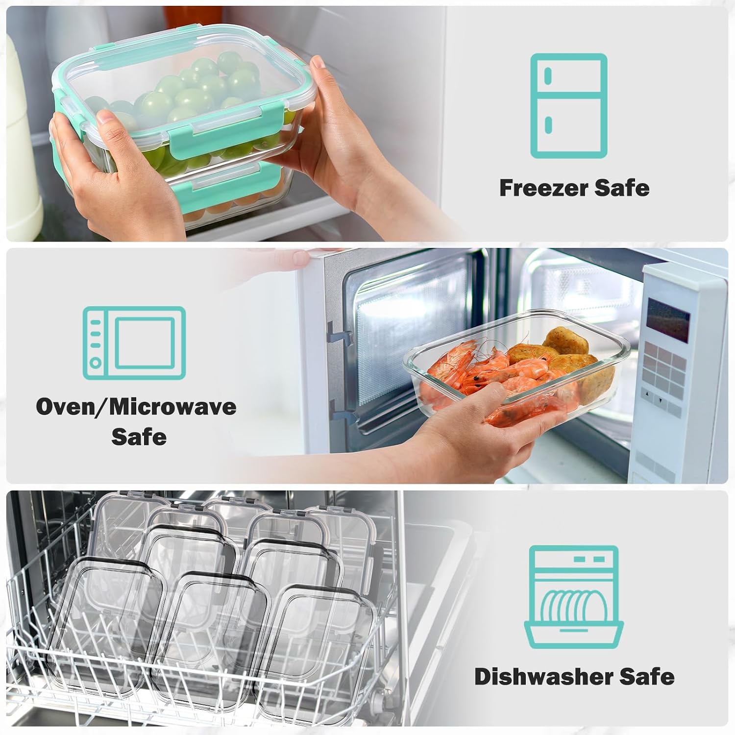 Detalle de YASHE Glass Containers with Lids, 10 Pack – Thick, Durable Stackable Glass Meal Prep Containers