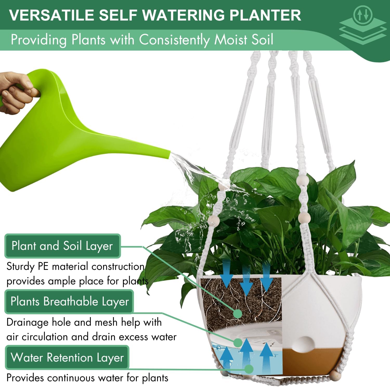Detalle de montresor 10-Inch Hanging Planters, Self-Watering White PP Set of 2