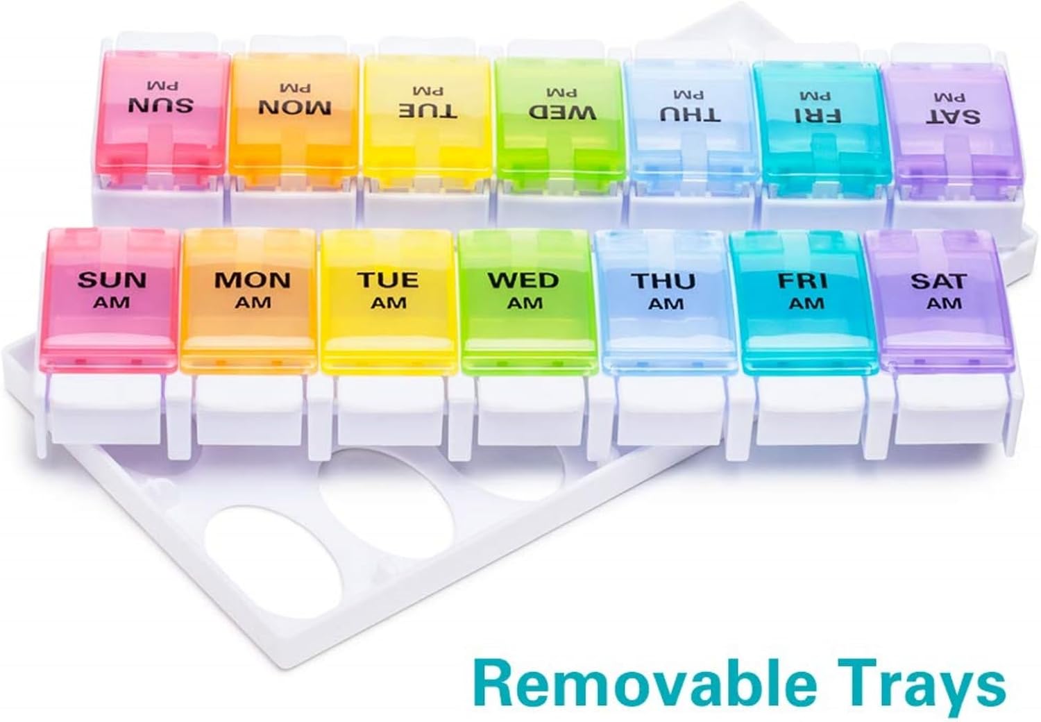 Detalle de Sukuos AM PM Weekly Pill Organizer 2 Times a Day – Large 7 Day Case (Rainbow)