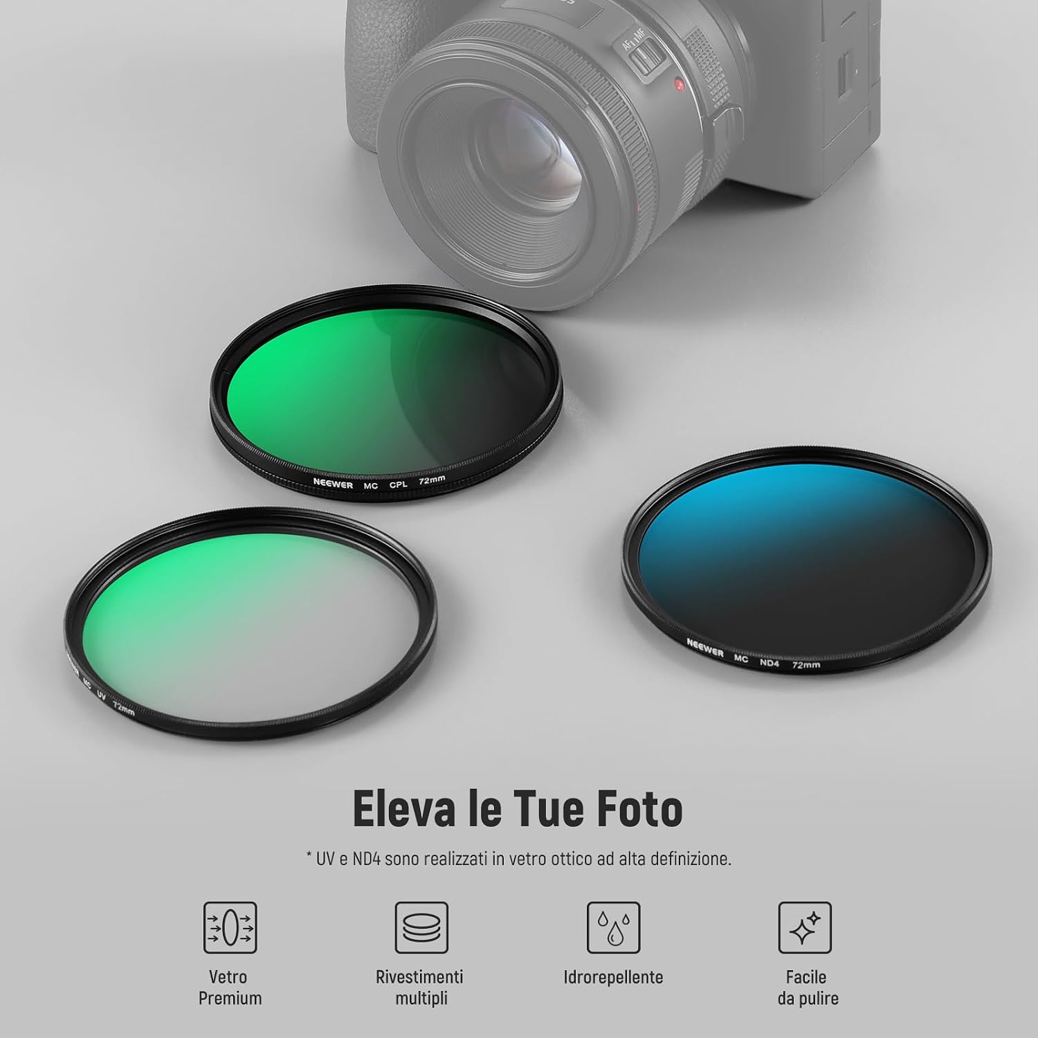 Detalle de NEEWER Kit Filtri 72mm UV, CPL e ND4 con Custodia Rigida – Set completo per obiettivi 72mm