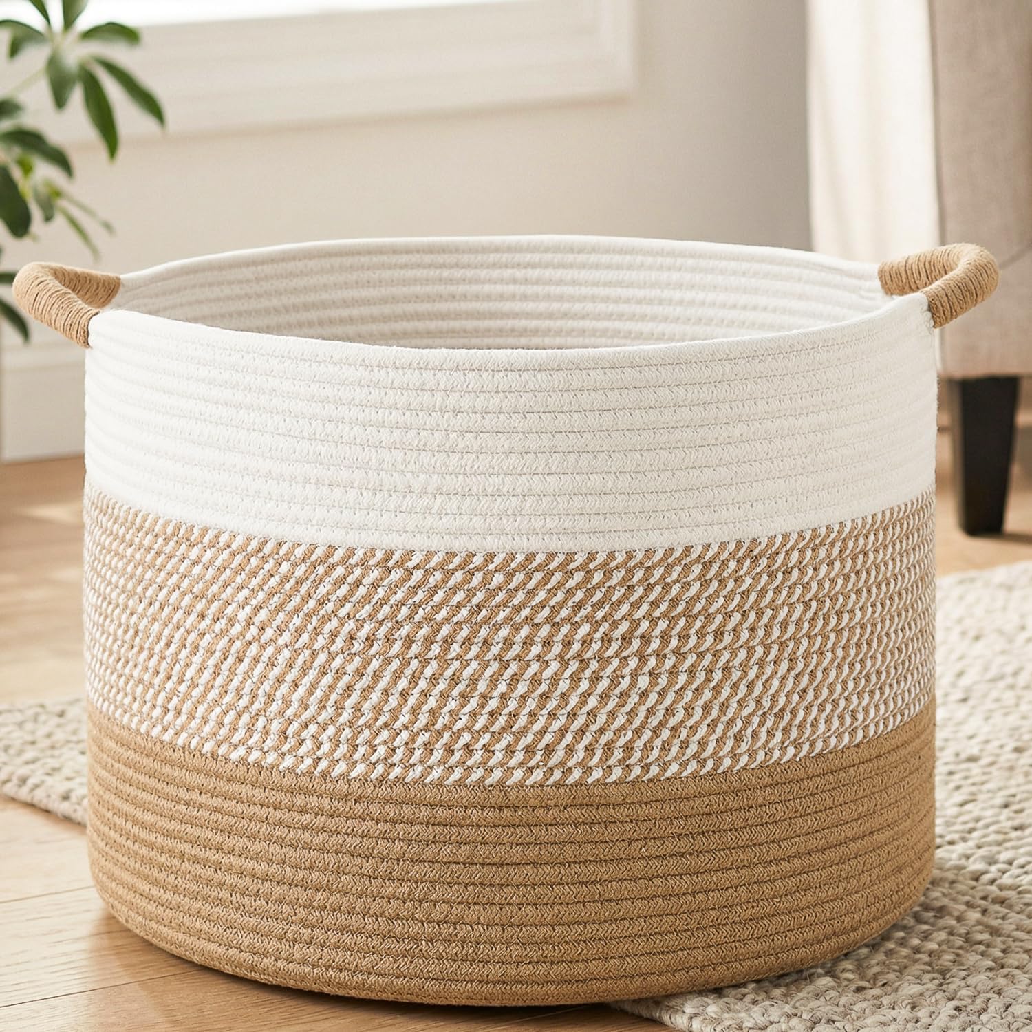 Detalle de Artfeel 70L Cotton Rope Basket, Brown Woven Storage for Blankets and Toys