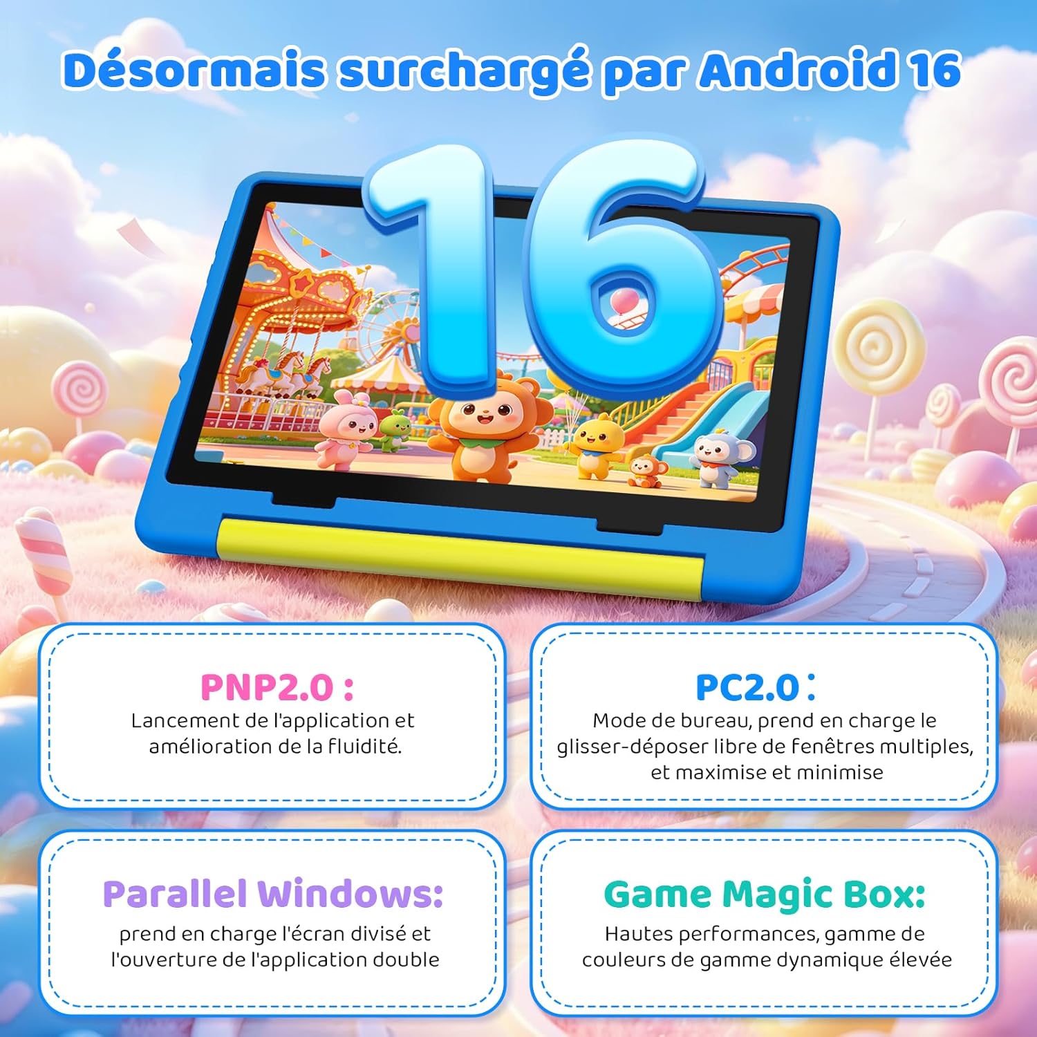 Thumbnail 1 de Laptok Android 16 Tablette Enfants 10" – 24Go + 64Go, ext. 1To, 6000mAh, mode Bureau, coque anti-choc (Bleu)
