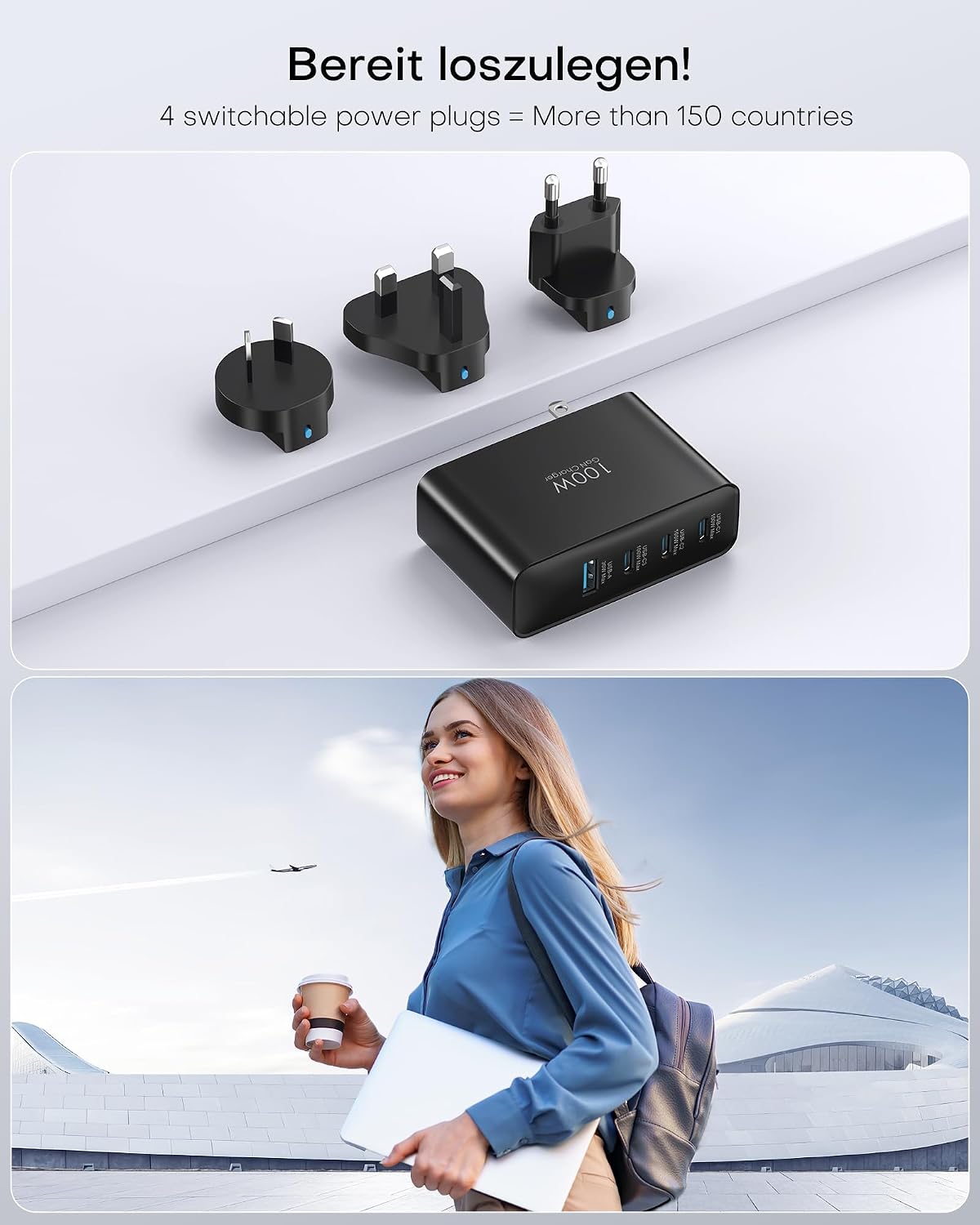 Detalle 2 de 100W USB-C Travel Adapter mit 4 Ports – GaN-Ladegerät für Reisen (UK/EU/AU-Steckdosen)