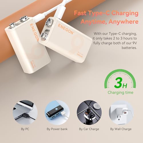 Detalle de ENEGON 9V Confezione da 4 batterie litio ricaricabili 3,7Wh/1000mAh Type-C