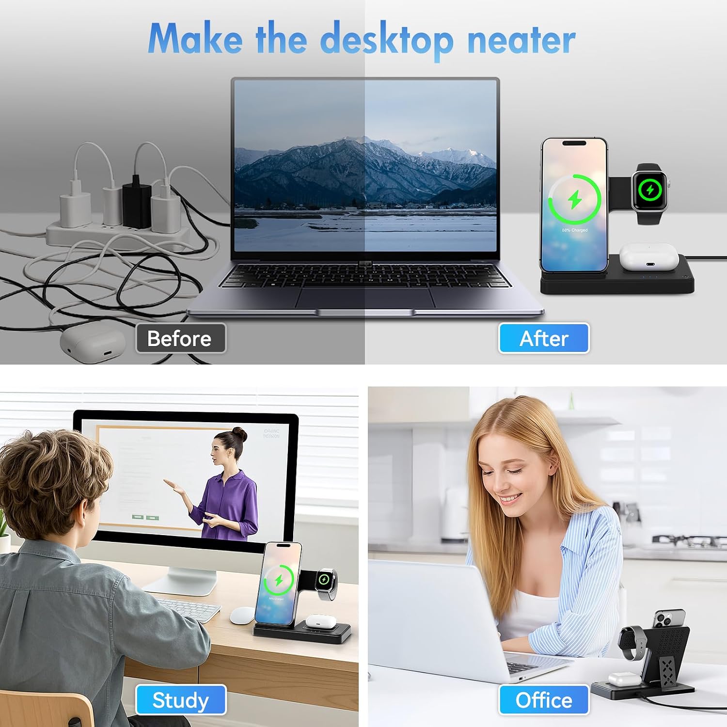 Detalle 2 de 3 in 1 Wireless Charging Station for iPhone, AirPods Pro 4/3/2 and Apple Watch – Foldable Travel Dock (Black)