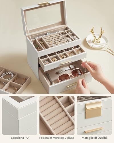 Detalle de SONGMICS GISELLA Collezione – Portagioie con Coperchio in Vetro, 4 Livelli, 31 Scomparti, Bianco Nuvola e Dorato