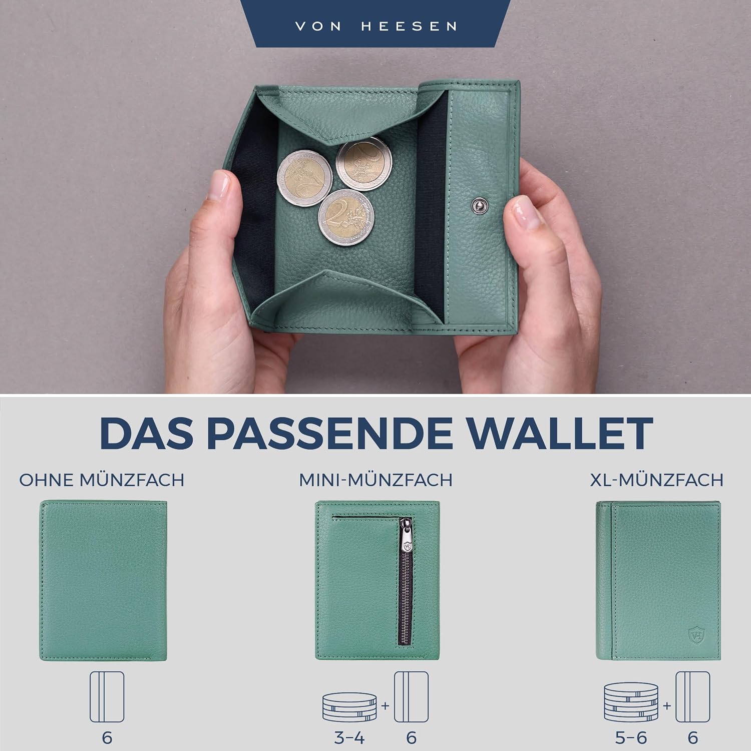 Detalle 2 de VON HEESEN Leder-Geldbörse mit XL-Münzfach & RFID-Schutz in Türkis