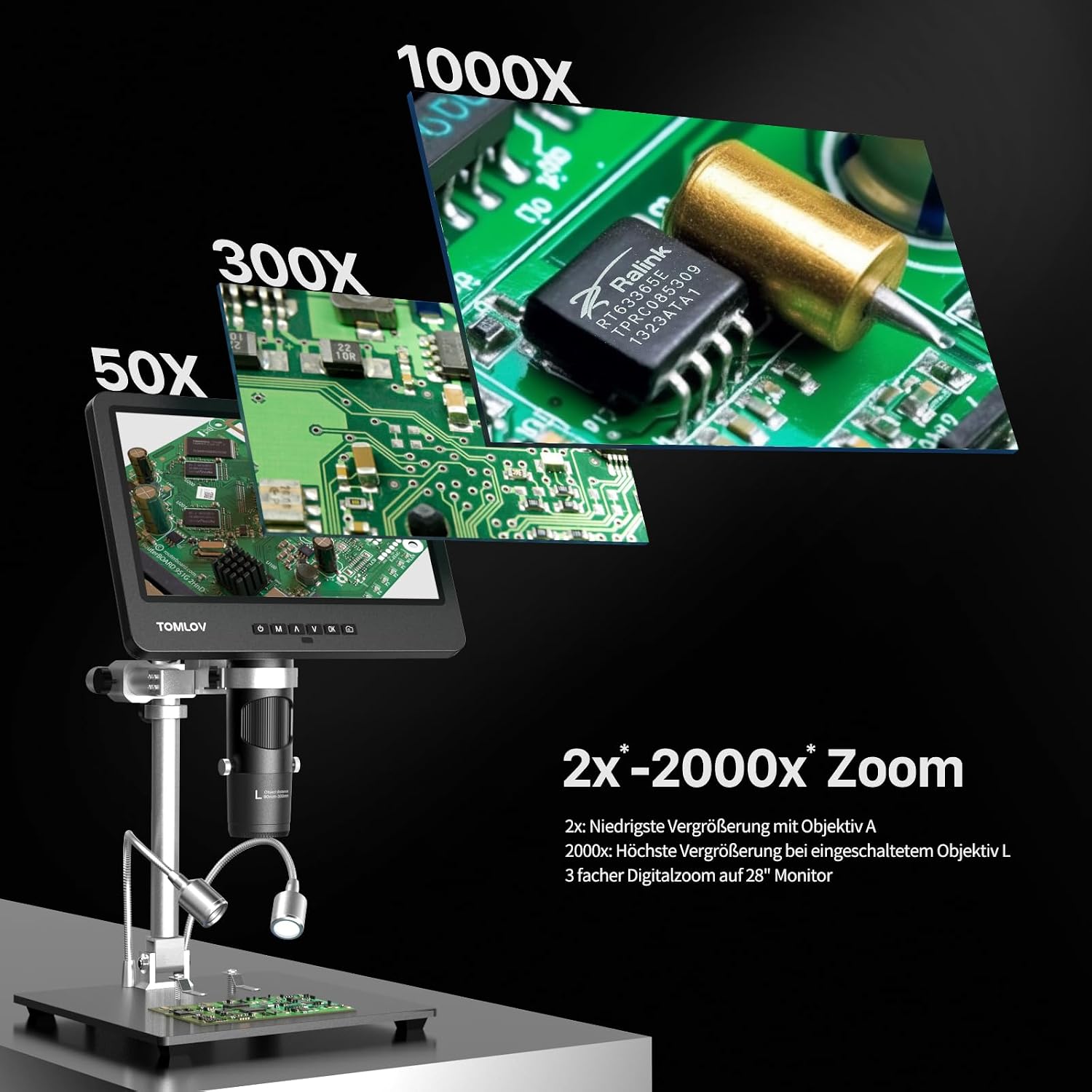 Detalle de TOMLOV DM602 Pro 10,1 Zoll Mikroskop mit 3 Objektiven – 2K HDMI, 144 LED Ringlicht, 64GB Karte, Stativ, USB/TV-Kompatibel