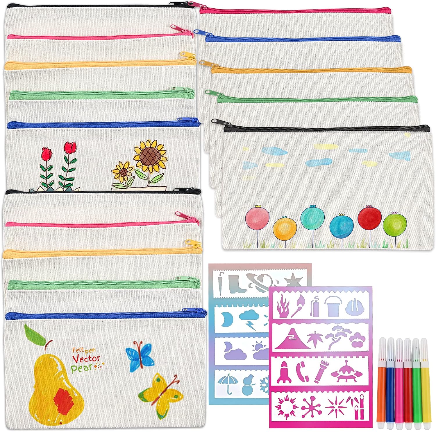 Detalle de Cieex DIY Stoff Federmäppchen Blanko Set – 15 Stück, Leinentaschen mit Stiften (21 × 12 cm)