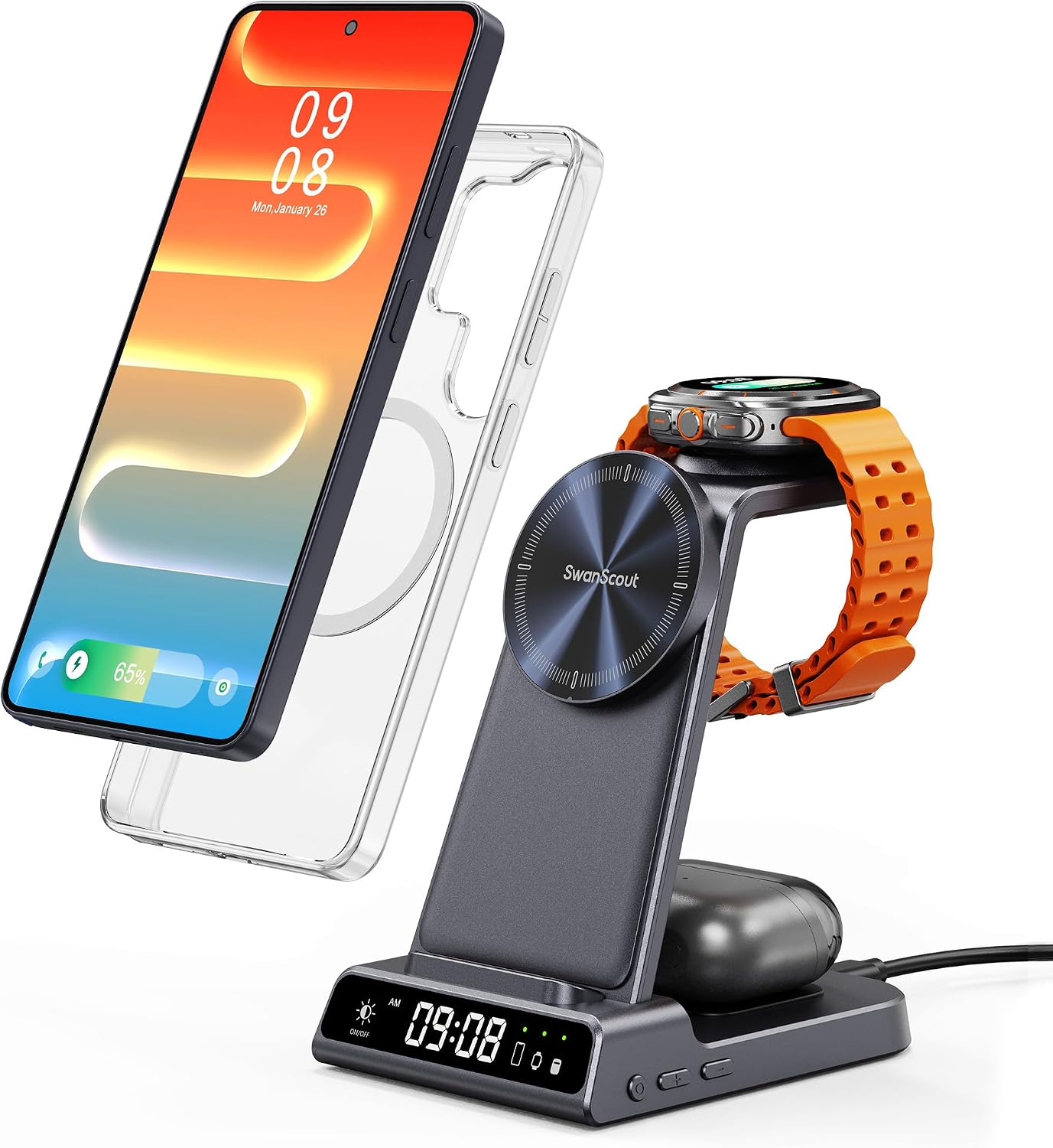 Detalle de Caricatore magnetico 3 in 1 SwanScout C01SM per Galaxy S26 Ultra, Watch e Buds 3 Pro/3