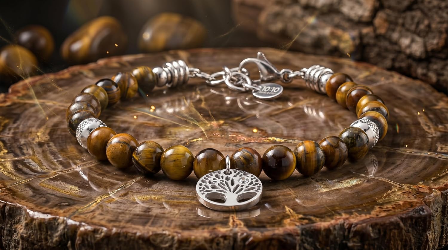 Detalle 2 de 10:10 Bracciale Donna in Pietre Naturali 6mm e Acciaio Inox Anallergico – Albero della Vita, Zircone e Ciondolo Regolabile