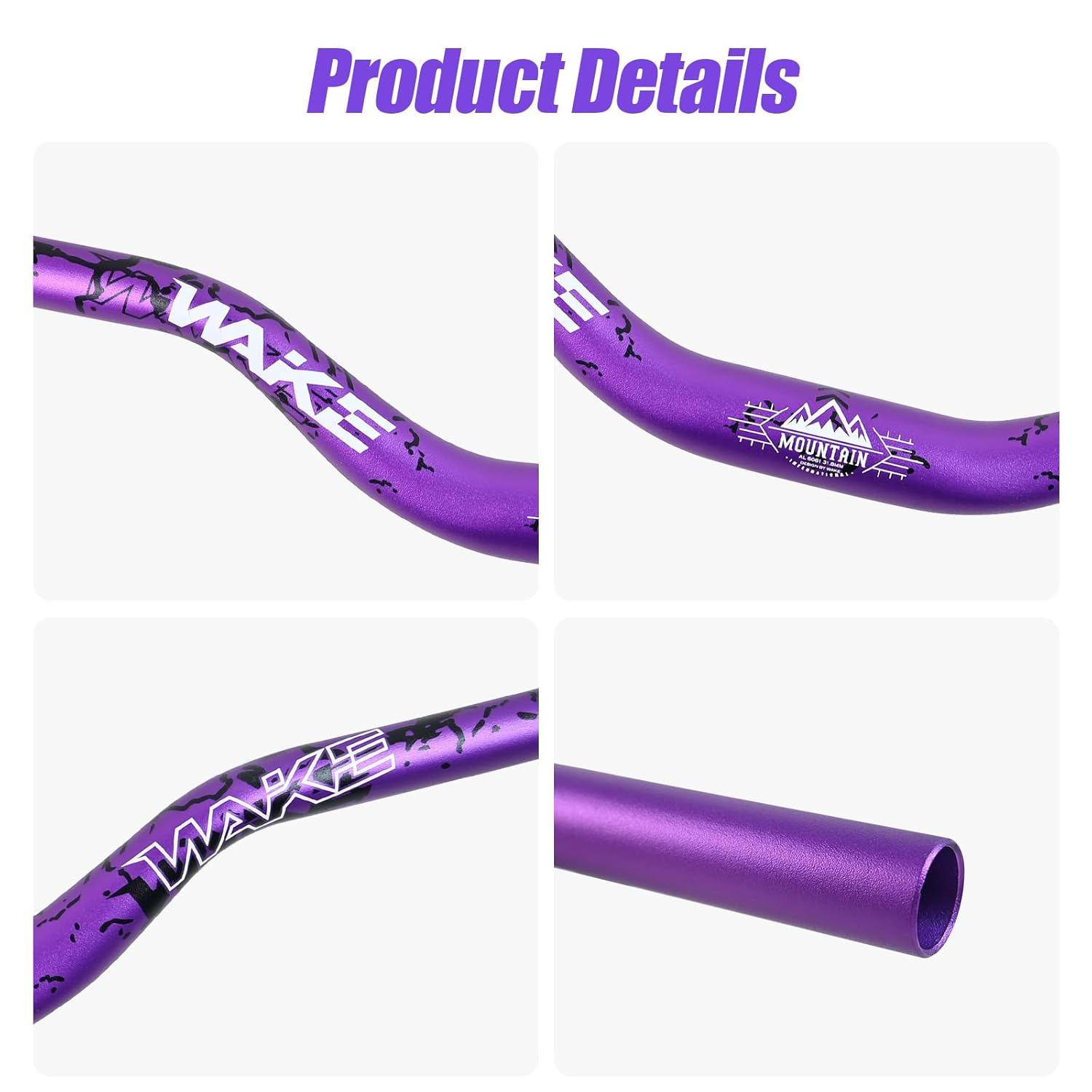 Detalle de Wake Bike Handlebar 31.8mm x 780mm Extra Long Wide Riser Bar – 6061-T6 Aluminium, Purple