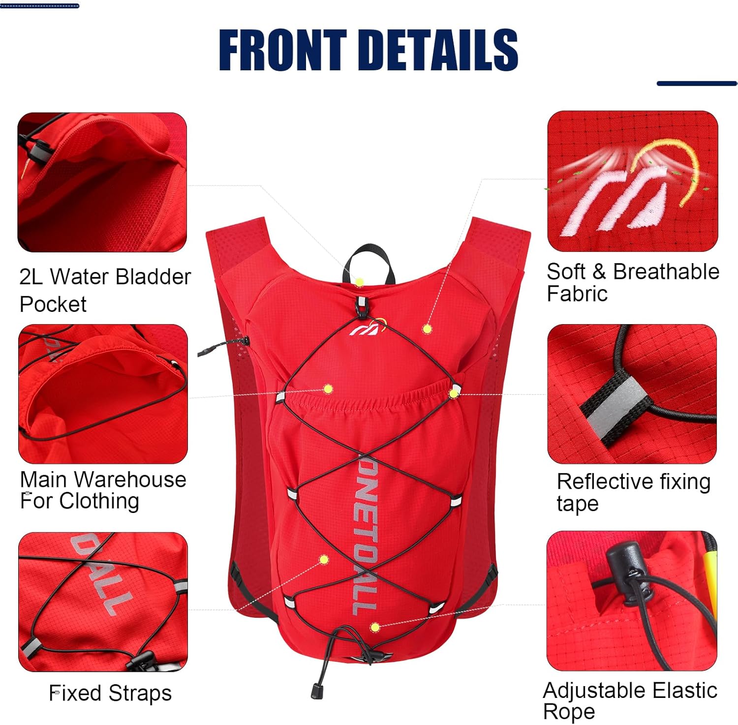 Thumbnail 5 de ONETOALL Running Vest Hydration Backpack (6L) with 500ml bottle & 2L bladder, reflective trail vest