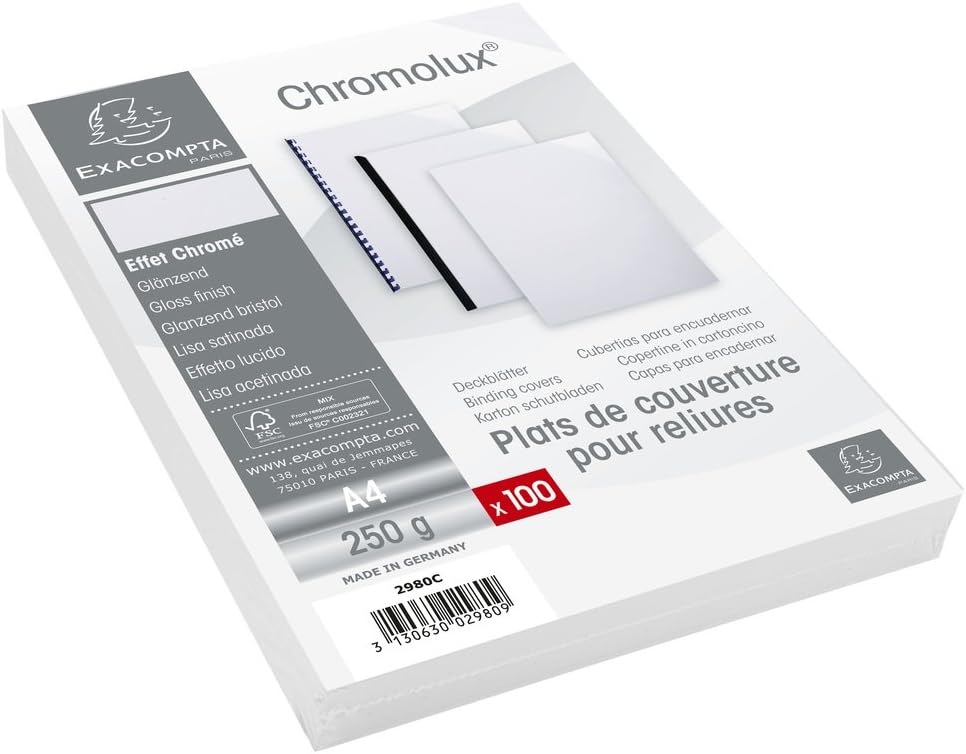 Detalle de Exacompta 2980C – Paquet de 100 plats en carte A4, 230 g/m², effet miroir, 1 face brillante et 1 face mate, blanc