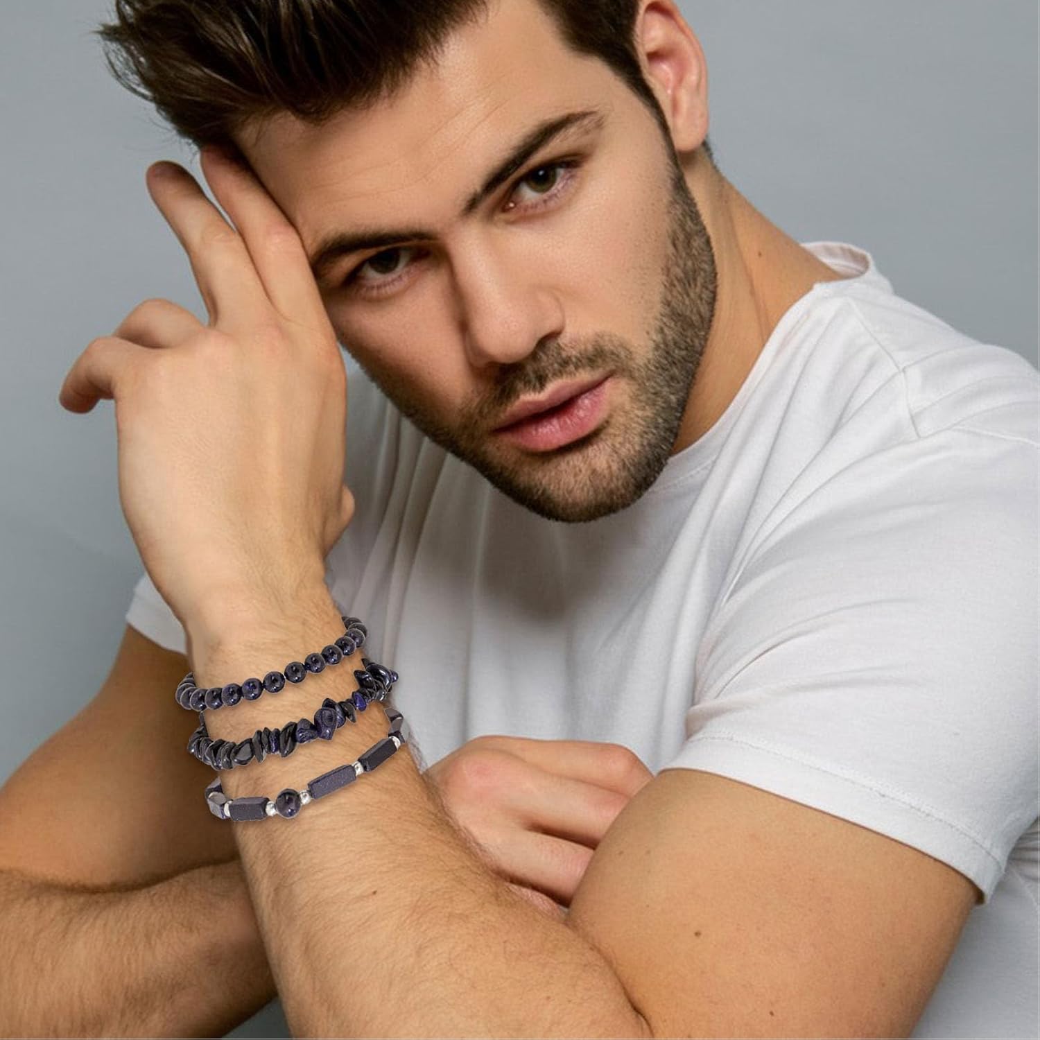 Thumbnail 2 de LOCCY Perlenarmband Herren Set mit 3 Stück (8 mm) – Tigerauge & Lavastein Armreifen im Stretch-Design