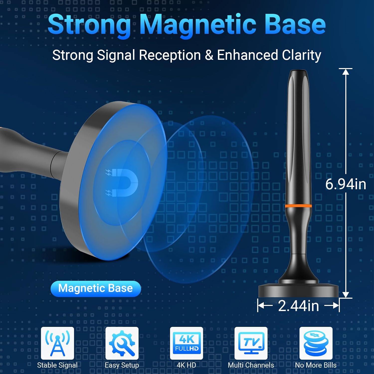 Detalle 2 de DGUPSP Digital TV Antenna for Indoor Smart TVs – 360 Reception, 4K/1080p Ready, Magnetic Base (Orange)