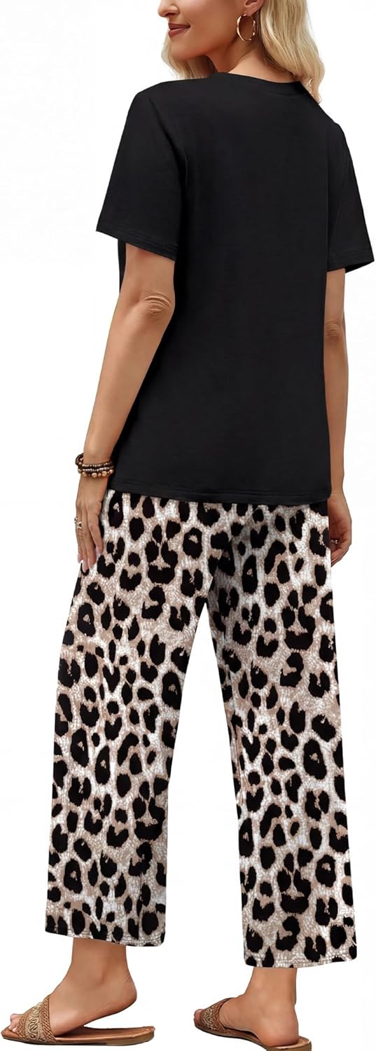 Thumbnail 4 de WIHOLL Two-Piece Lounge Set for Women: Cropped Wide-Leg Pants & Pleated Short-Sleeve Top