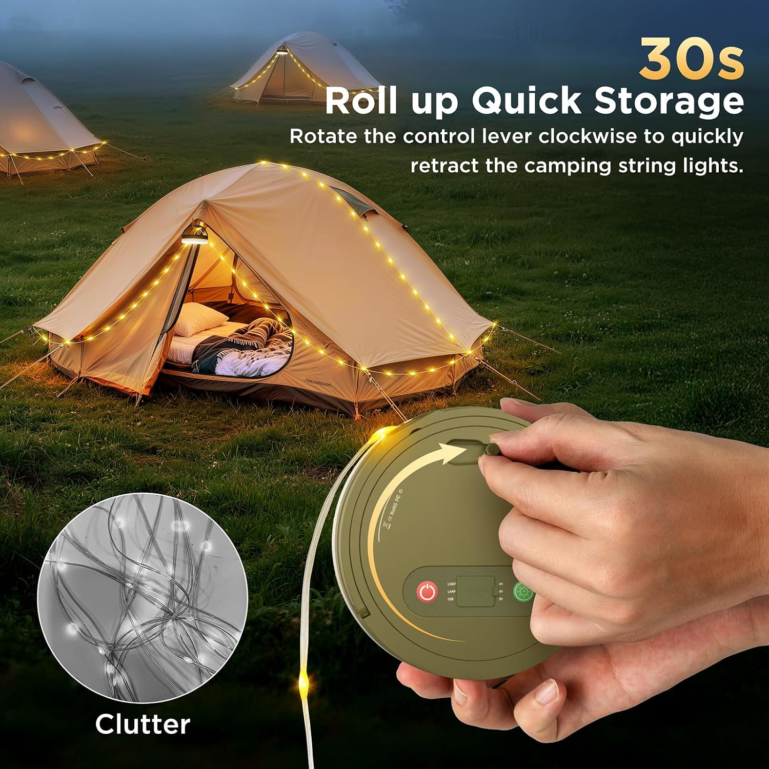 Detalle 2 de Luci Catena Campeggio Retrattili 3 in 1 – 10 m, LED USB, IP65, 13 modalità