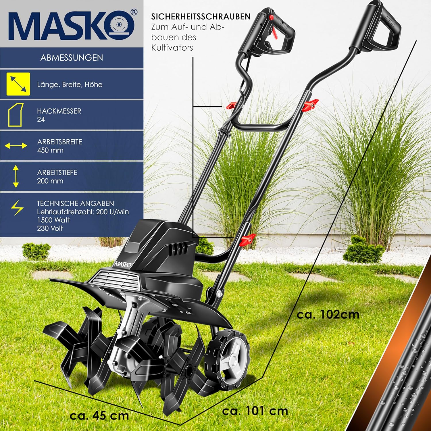 Thumbnail 6 de MASKO® Motorhacke elektrisch mit 1.500 Watt, 45 cm Arbeitsbreite und 20 cm Arbeitstiefe